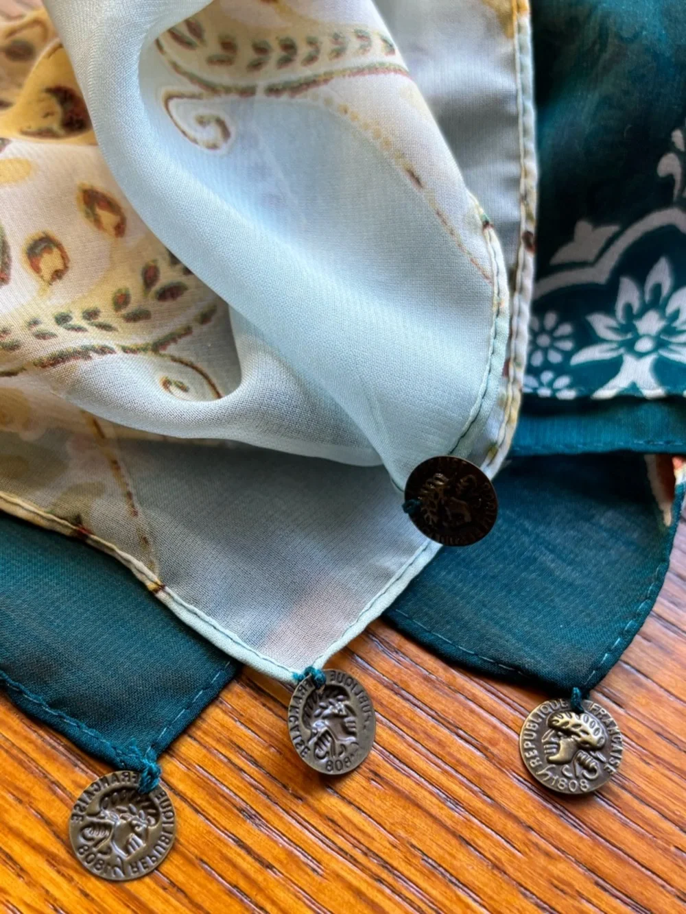 CHICOS lightweight PRINT SCARF coin details TEAL IVORY floral